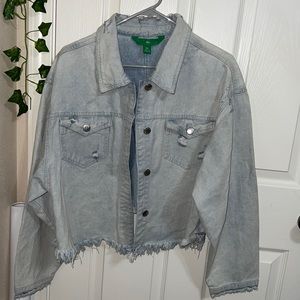 Cropped oversized distressed jean jacket